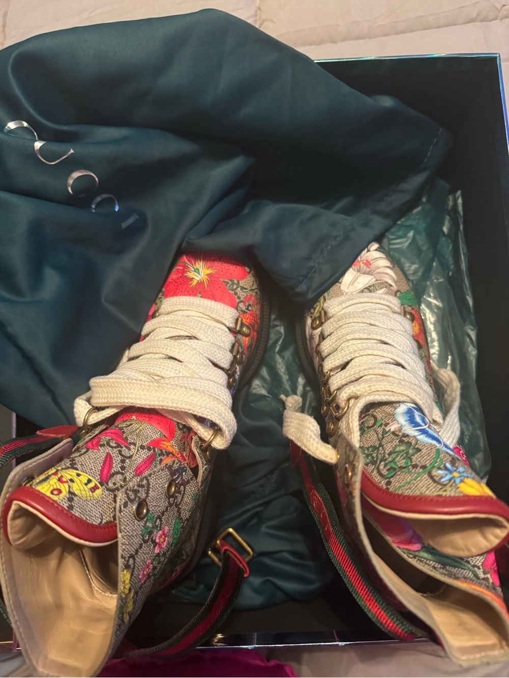 Gucci Floral Embroidered Lace-Up High-Top Boots in Red, Cream, Green